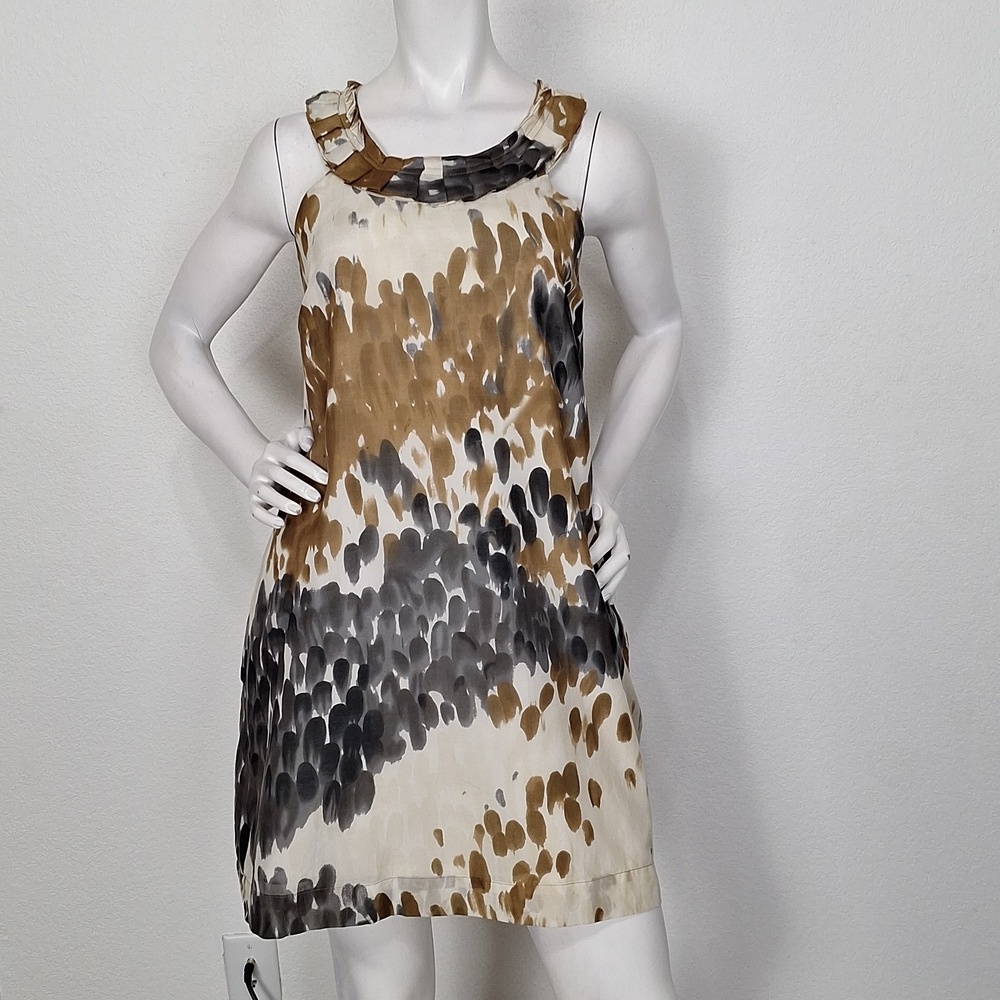 Couture Brown Gray Silk Patterned Mobwife Sleeveless Shift Mini Dress Size M